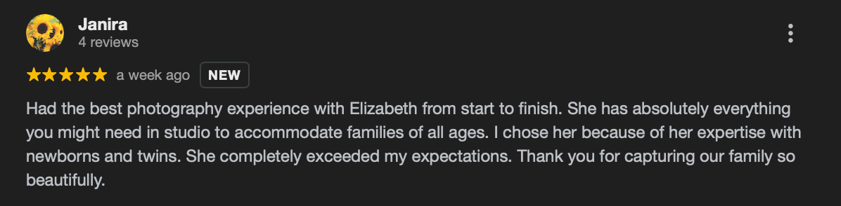 Janira shared this kind and thoughtful review after the session:

“Had the best photography experience with Elizabeth from start to finish.