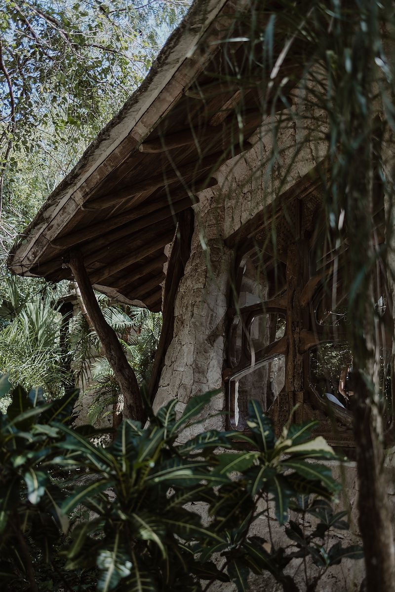 Rustic wooden structure with a weathered roof nestled among tropical foliage and palm trees.