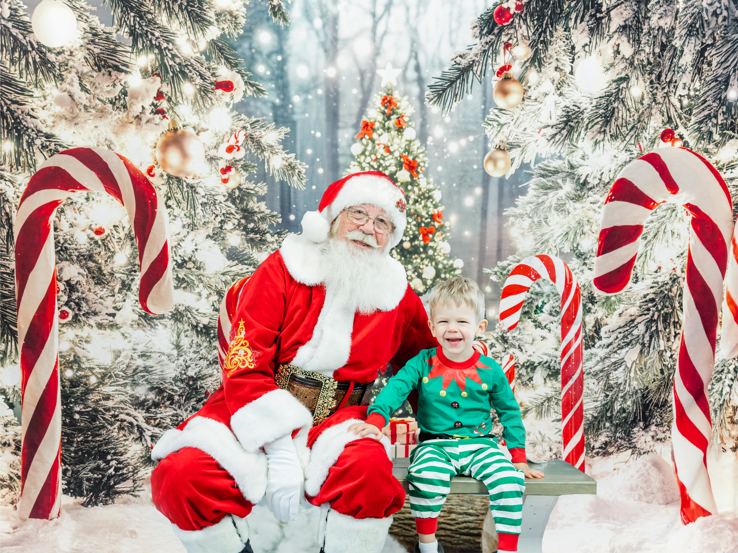 A festive holiday scene with traditional characters seated on a bench surrounded by decorated Christmas trees.