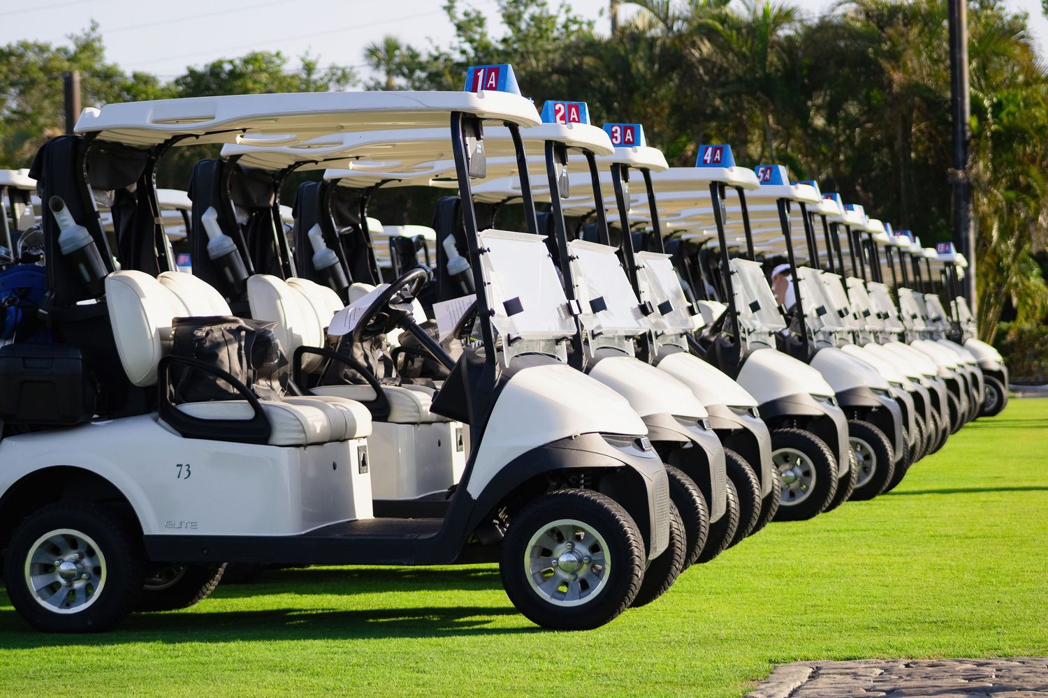 Line of white golf carts parked in row at golf course.