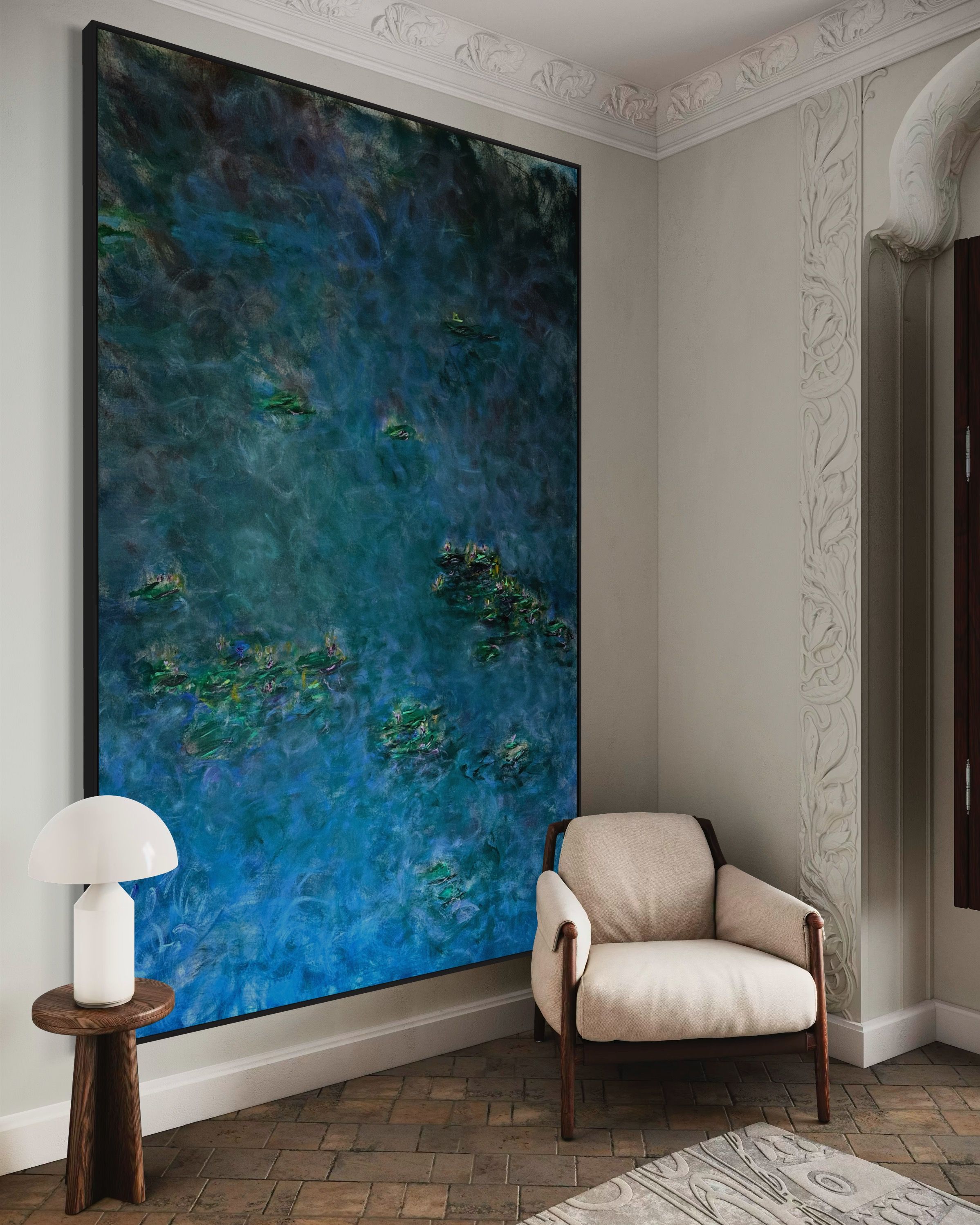 Modern interior with large abstract blue painting, beige armchair, wooden side table and mushroom table lamp on herringbone floor.
