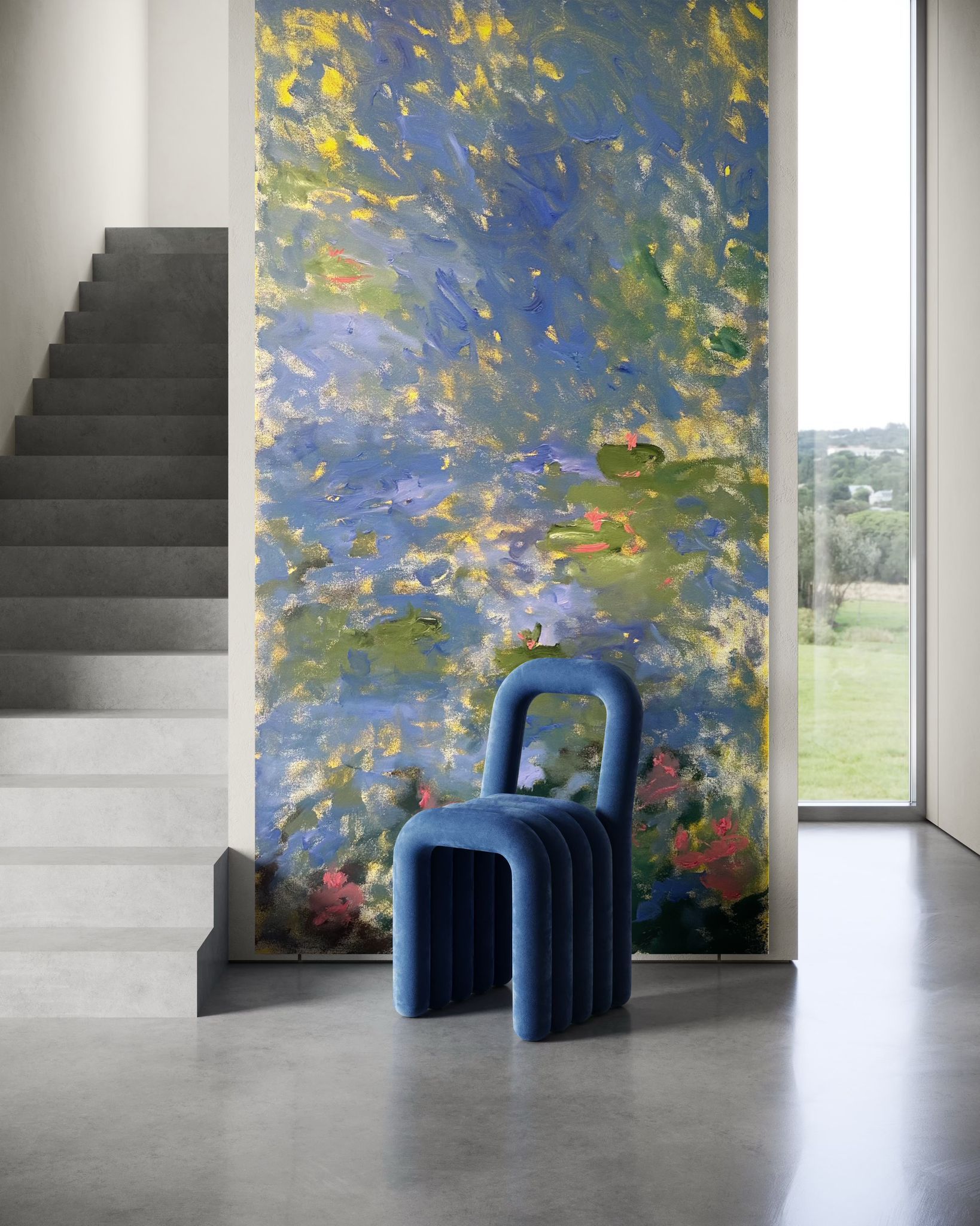 Modern interior with a bold abstract painting and blue sculptural chair against grey stairs and concrete flooring.