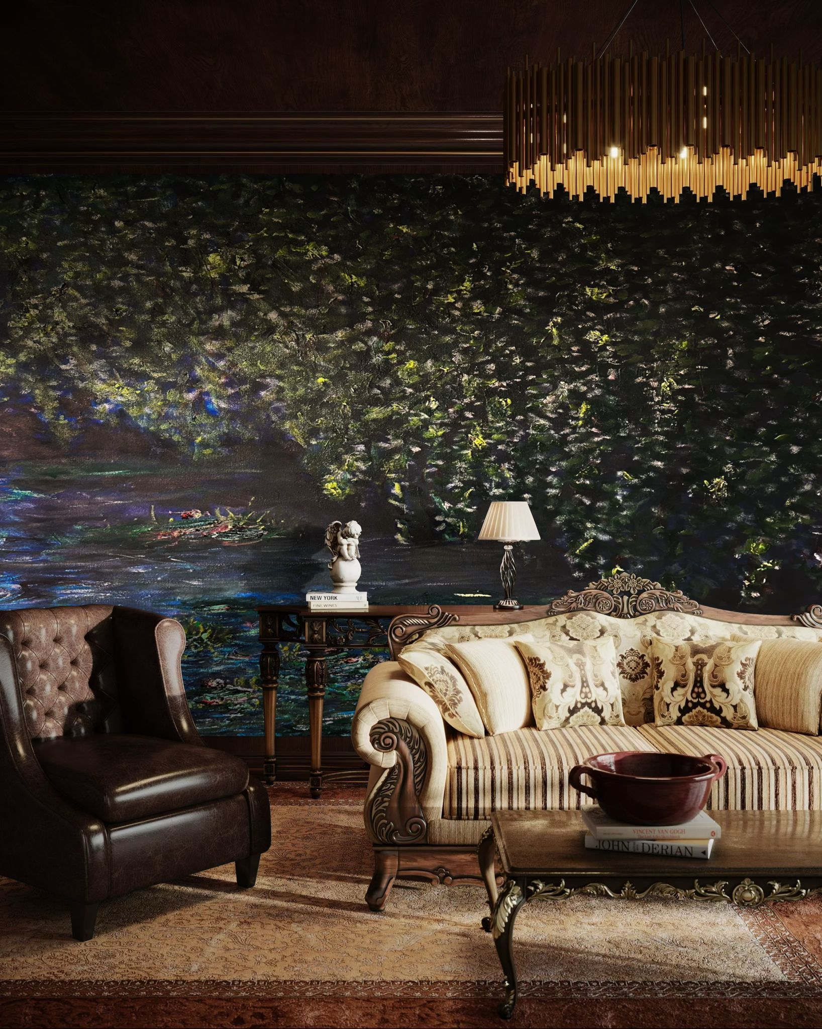 A luxurious living room with a vintage sofa, dark leather chair, and dramatic floral wallpaper under elegant chandelier lighting.