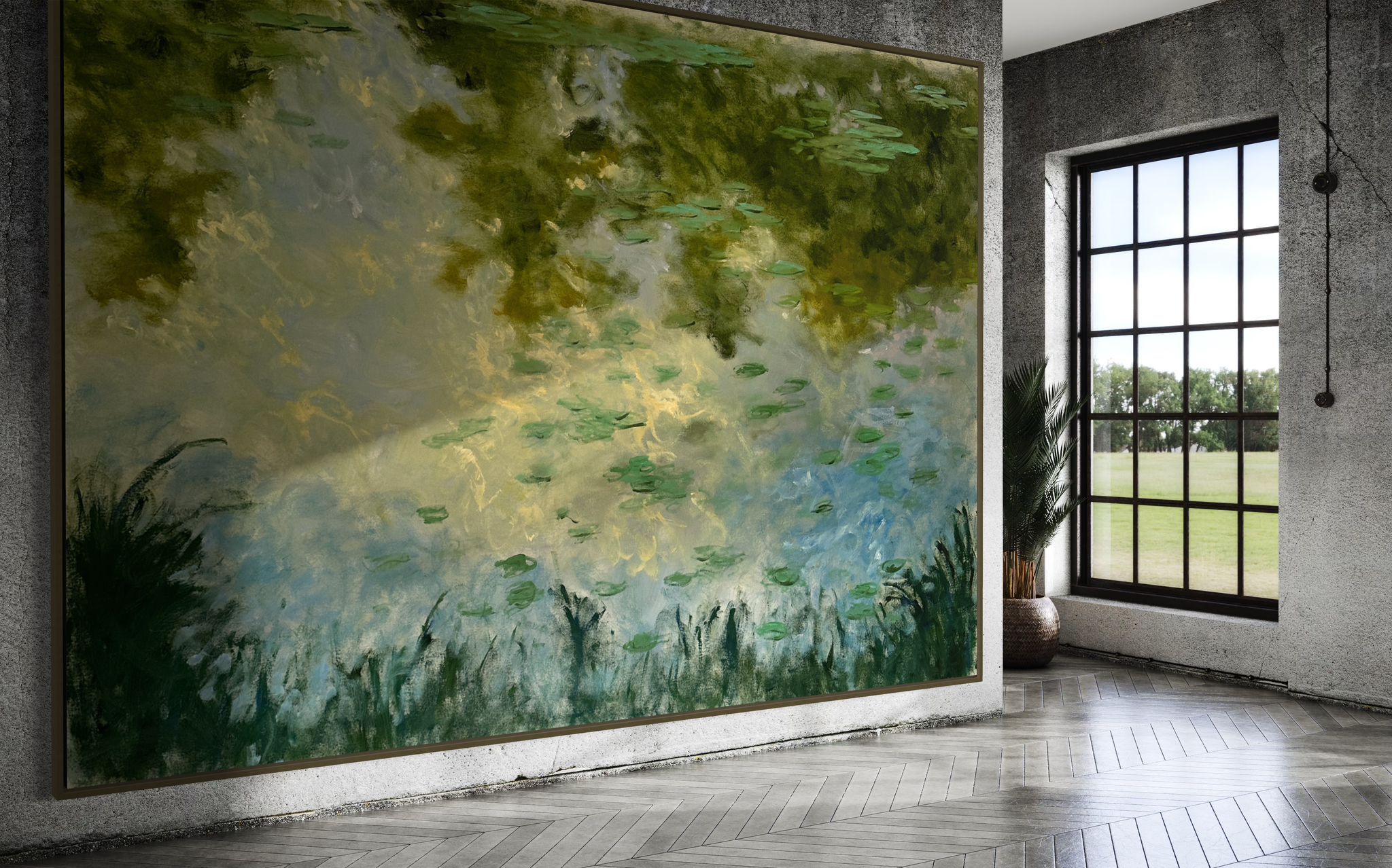A modern interior room with a large nature-themed wall mural depicting a misty forest scene next to a bright window.