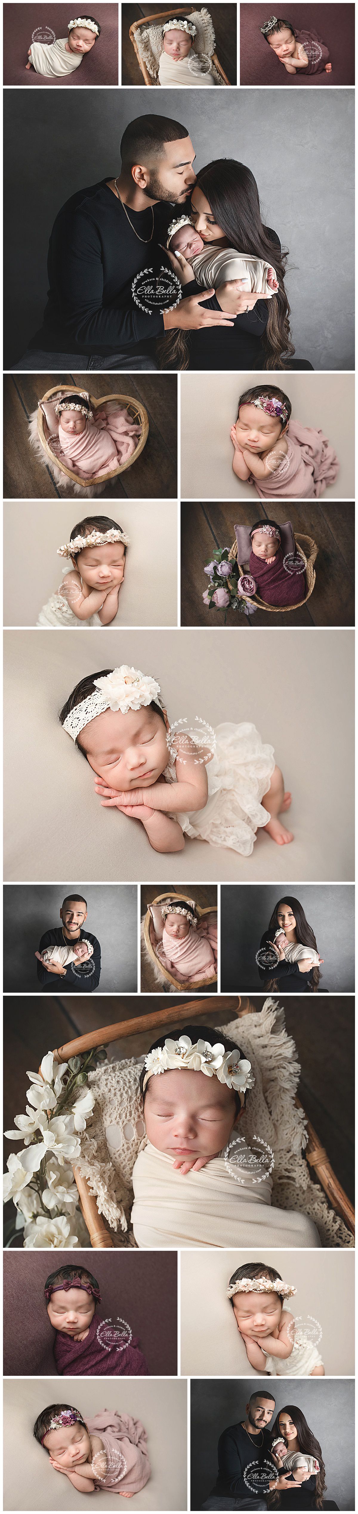 Sleeping newborn wearing delicate white floral crown and swaddled in white fabric poses against neutral background.