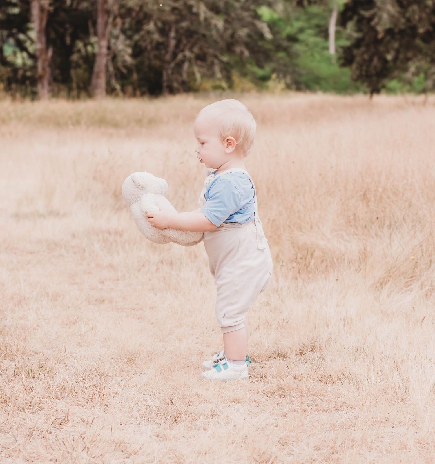 A toddler in light colored clothing walking through a golden field.