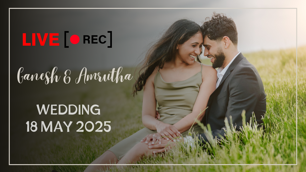 A couple sitting in tall grass at sunset with a live recording overlay and wedding date text for May 2025.