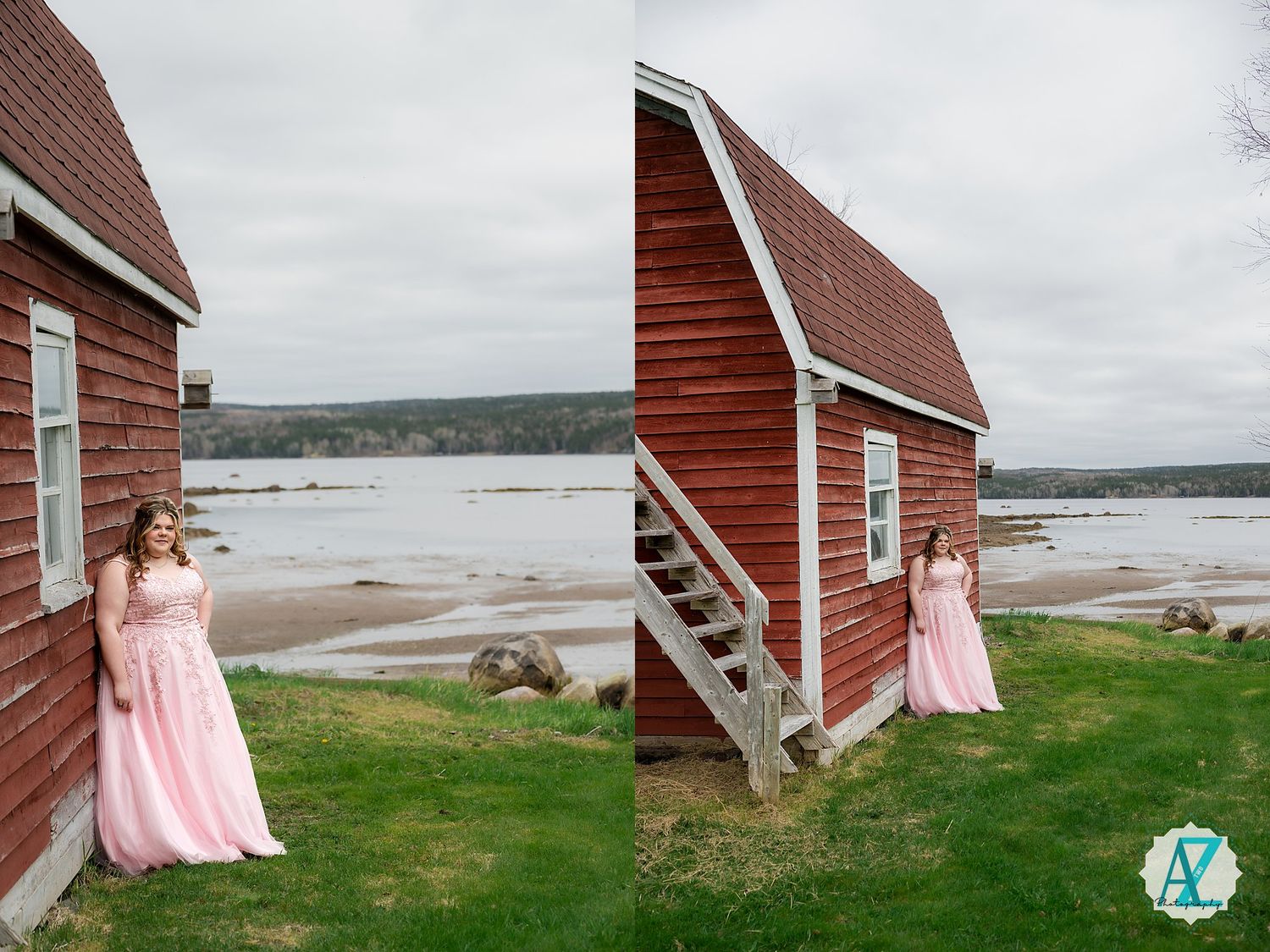Two views of a pink dress at a red coastal building with stairs overlooking a picturesque waterfront scene.