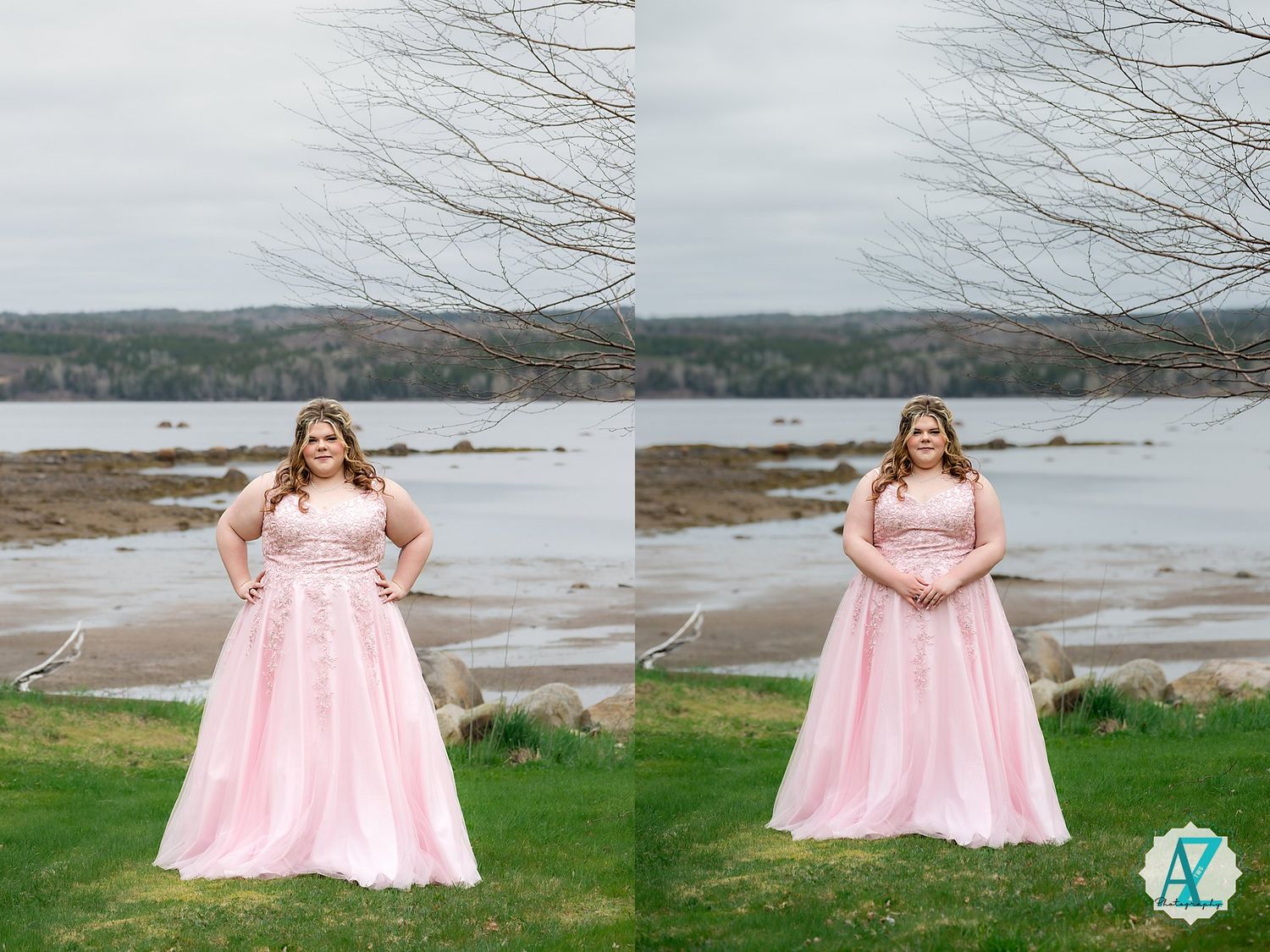 A woman in a flowing pink gown stands outdoors by a scenic waterfront landscape on a cloudy spring day.