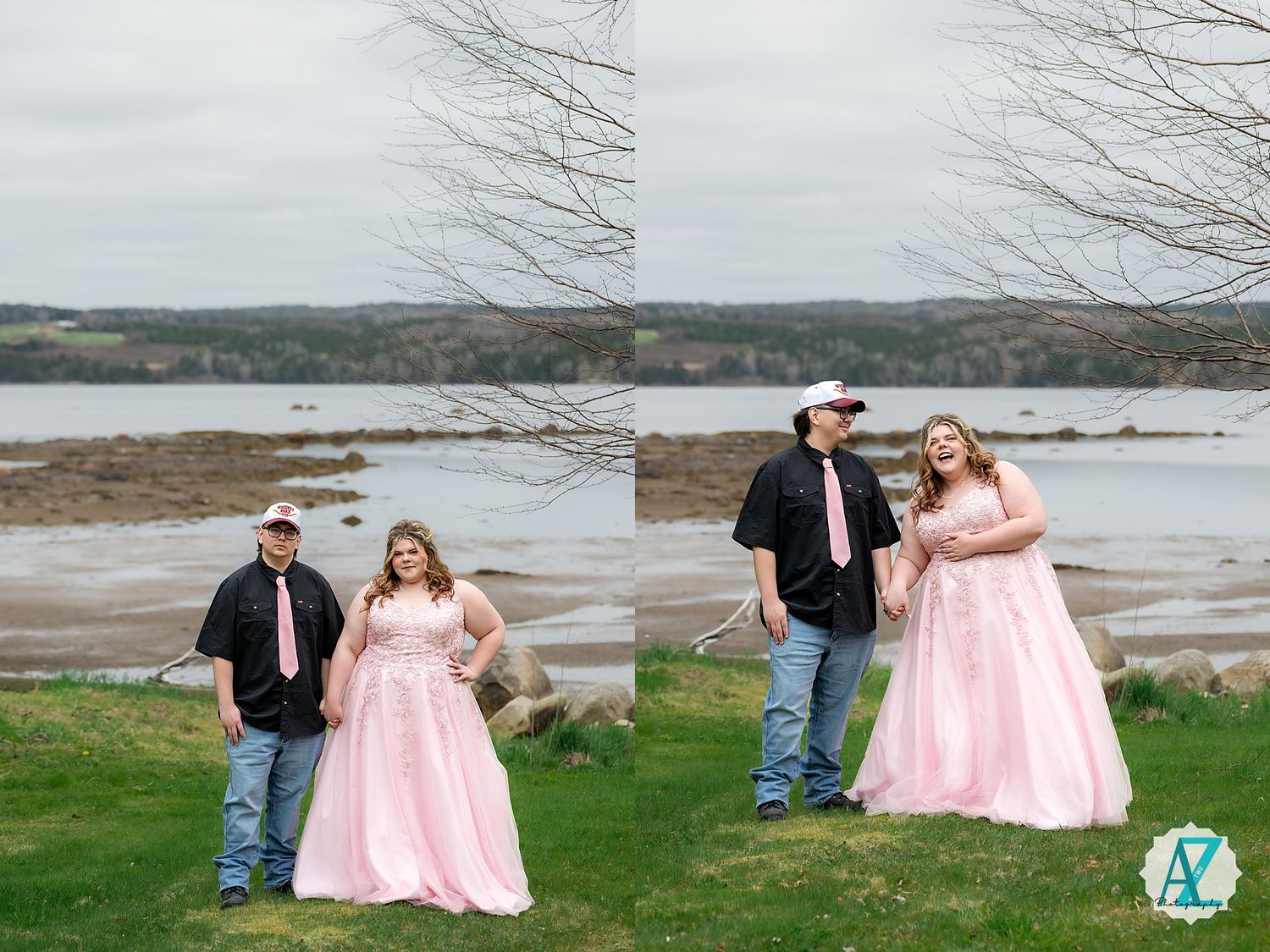 A couple in coordinated outfits poses by a scenic coastal landscape on a cloudy spring day.