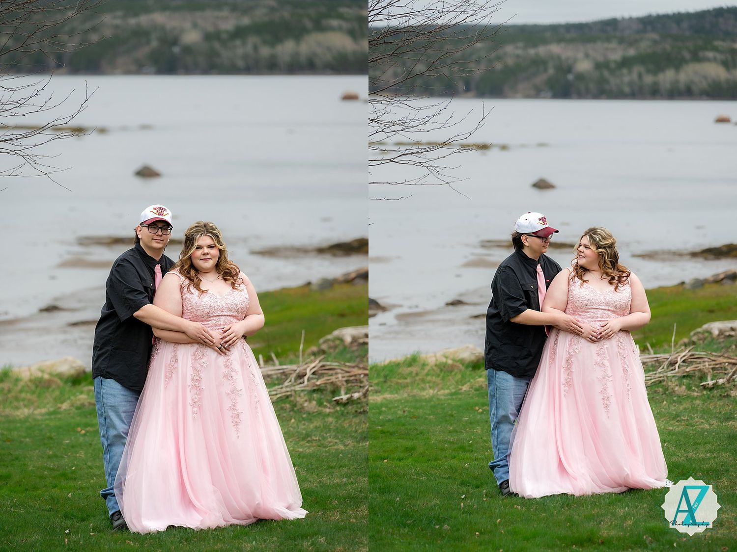 A couple shares a romantic moment on a grassy lakeside shore with mountains in the background.