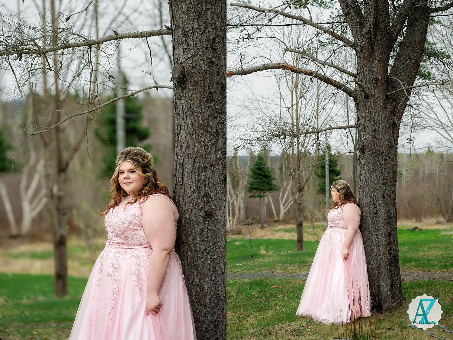 Elegant long pink tulle dress photographed outdoors in a wooded area during spring, split view composition.
