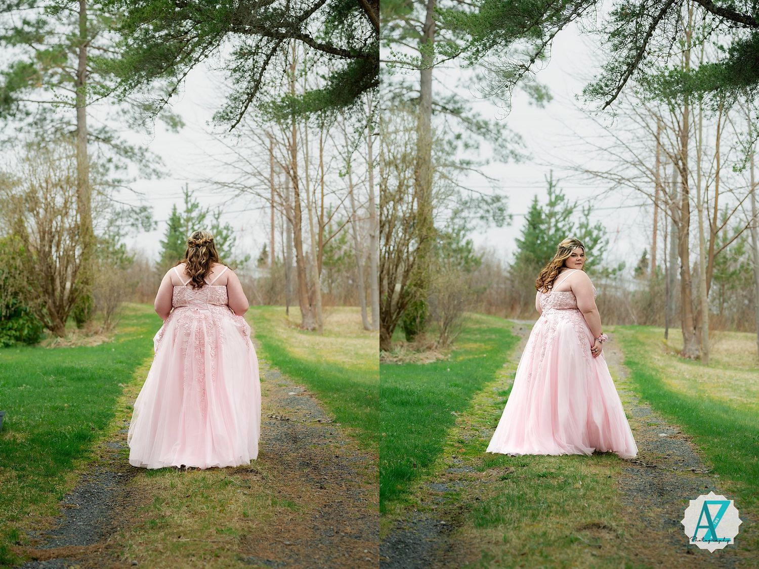 A dreamy outdoor photo session in a pine forest featuring a flowing pink ballgown dress on a spring day.