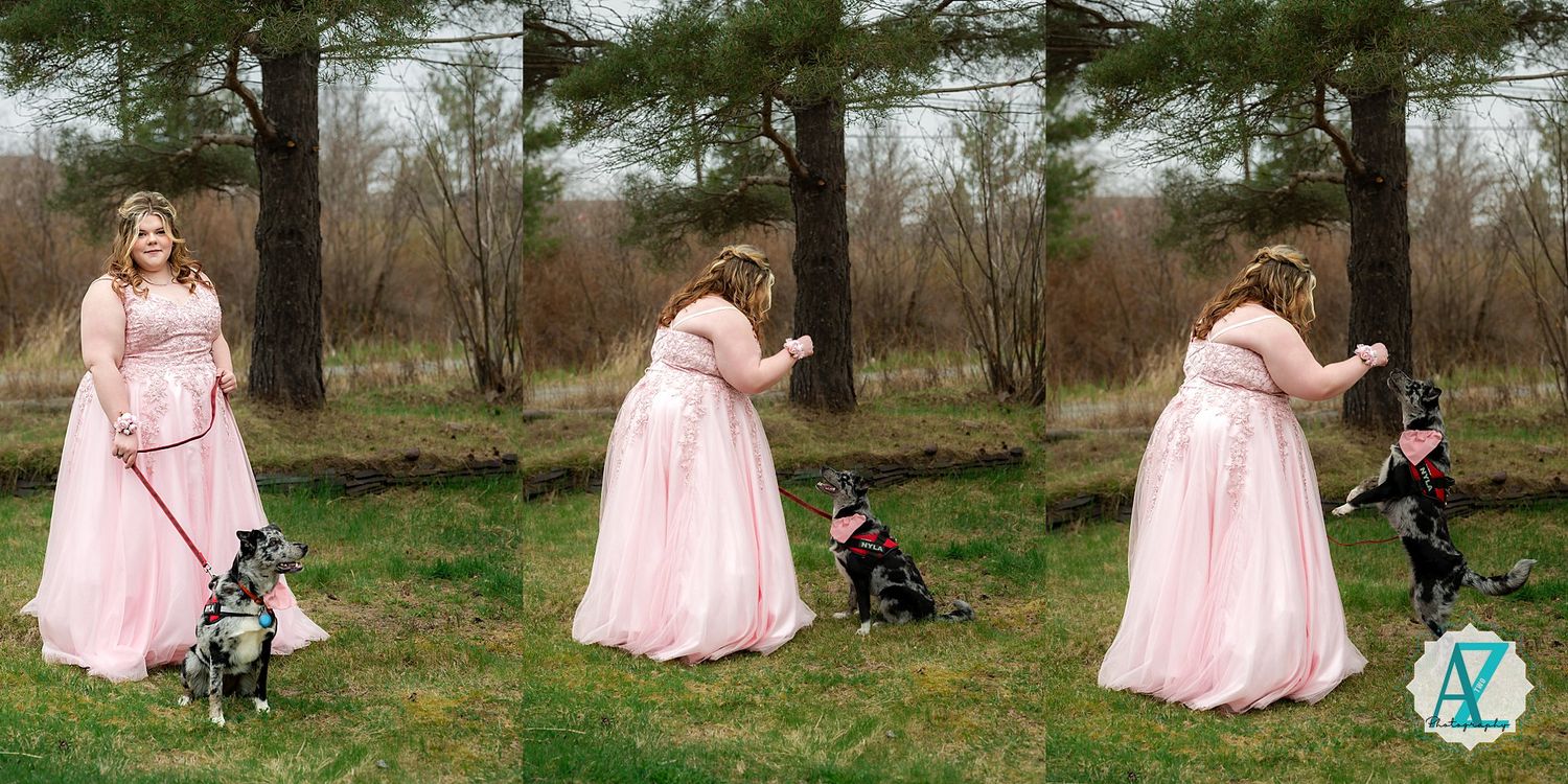 A series of three photos showing a playful interaction with a black dog while wearing an elegant pink gown outdoors.