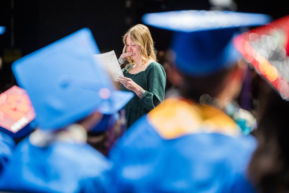 First-year teacher Briar Welling gives emotional address to NPA graduates, recalling classroom memories and offering life advice.