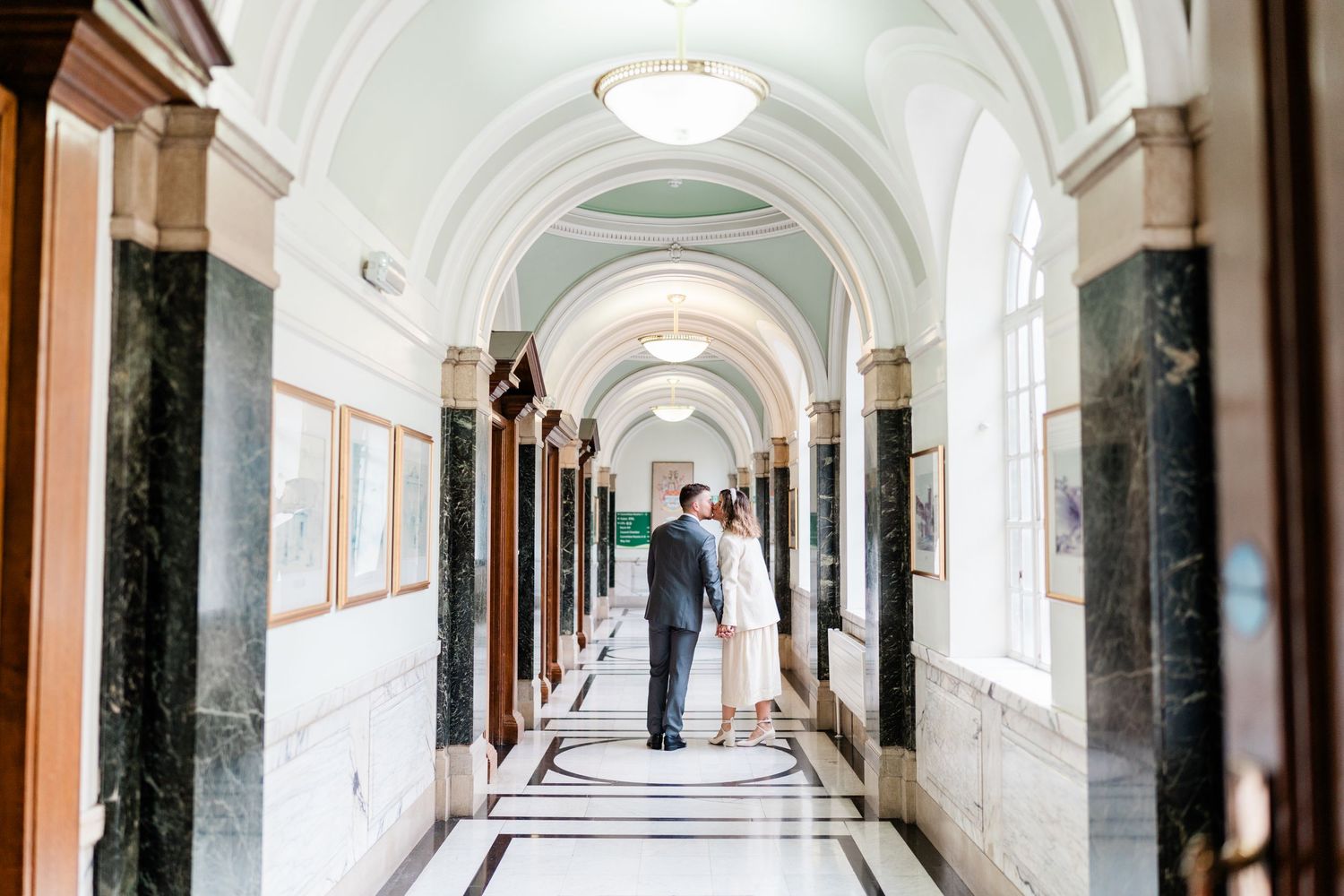 Bride and groom kissing after their Islington Town Hall ceremony on their romantic Central London elopement wedding day.
