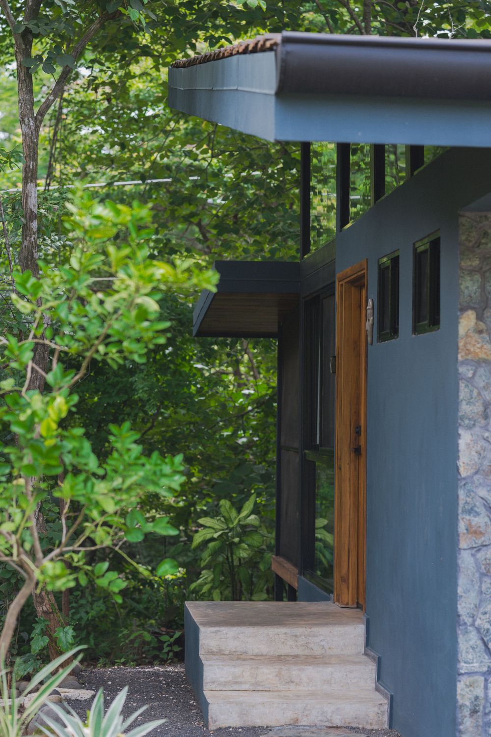 Contemporary cabin exterior with stone accents and wooden door framed by overhanging roof.