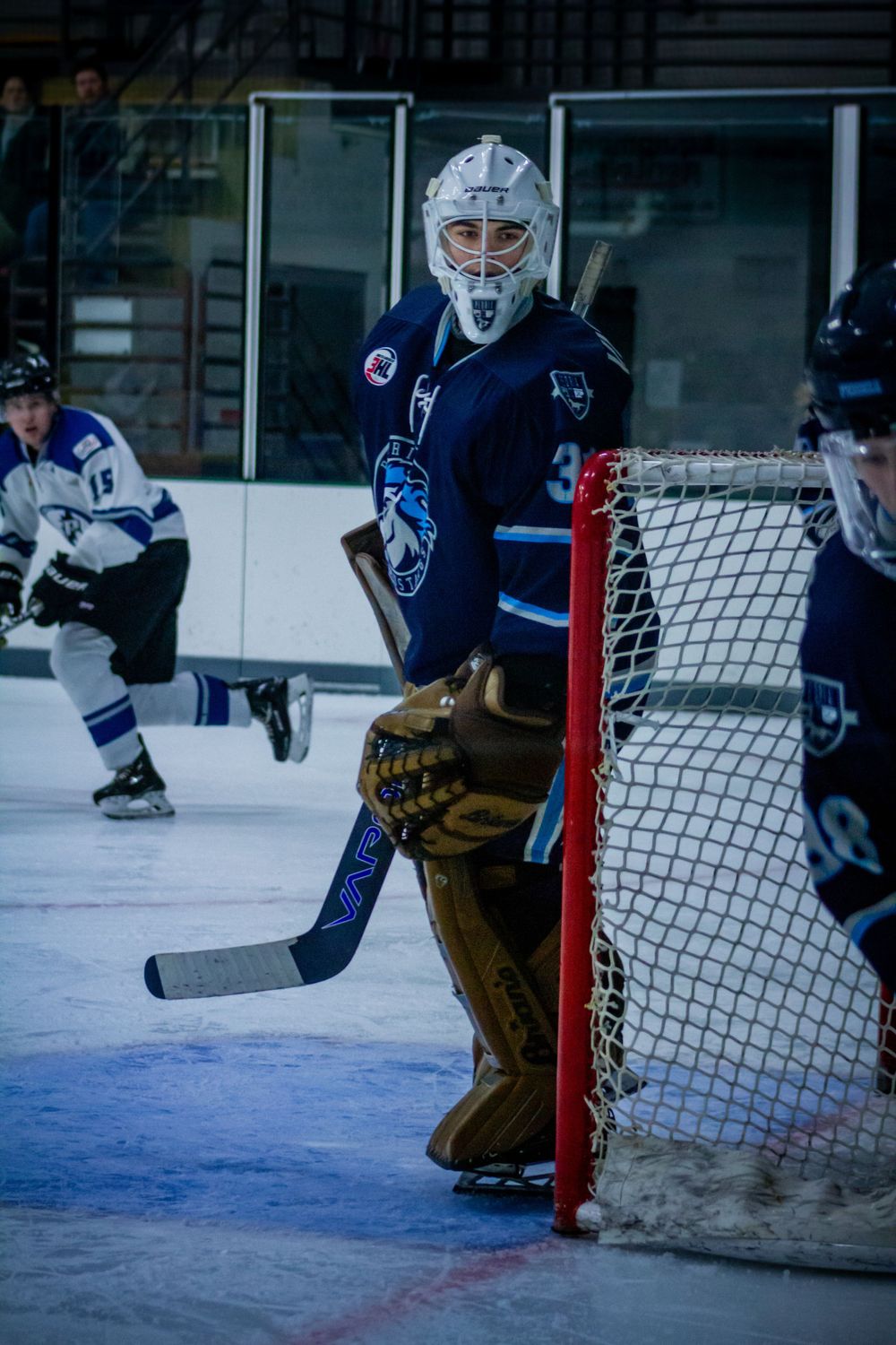 Peoria Mustangs Goalie Travis Visvadra in blue jersey stands guard at the net during an ice hockey match.