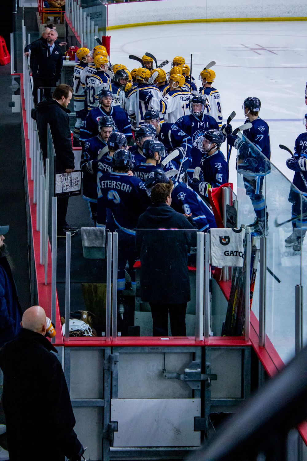 Two hockey teams line up along boards during intense game moment.
