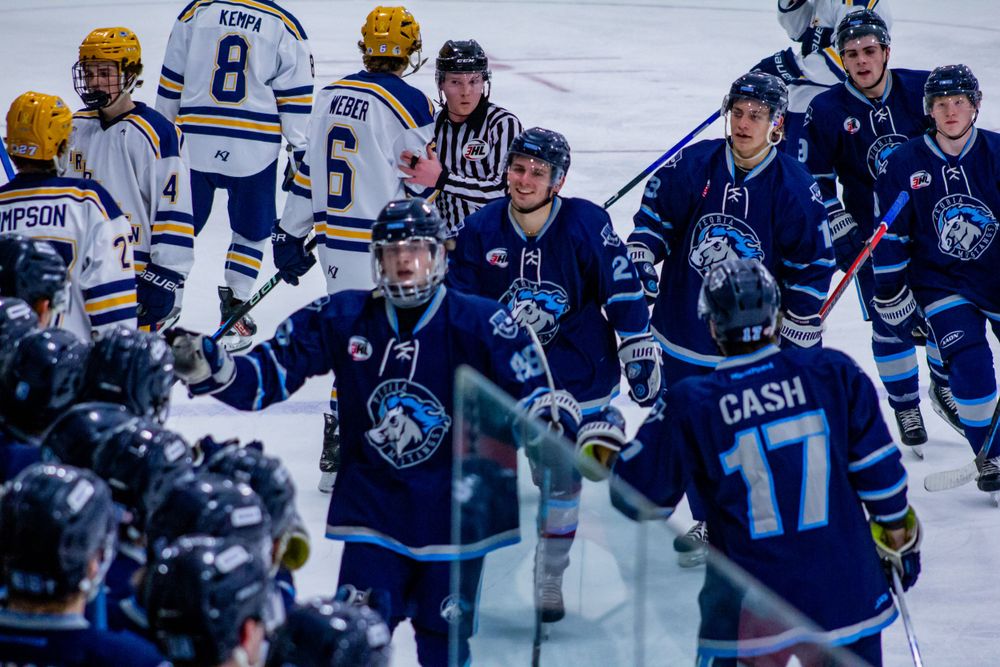 Hockey players from opposing teams in blue and yellow jerseys gather on ice after game.