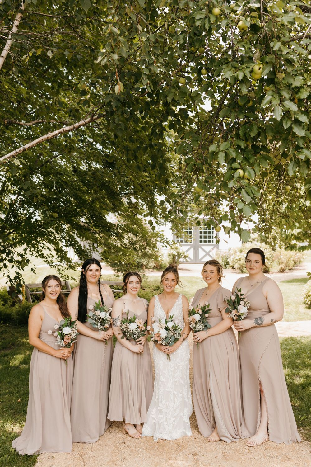 Bride in white lace gown poses with five bridesmaids in taupe dresses holding floral bouquets outdoors.