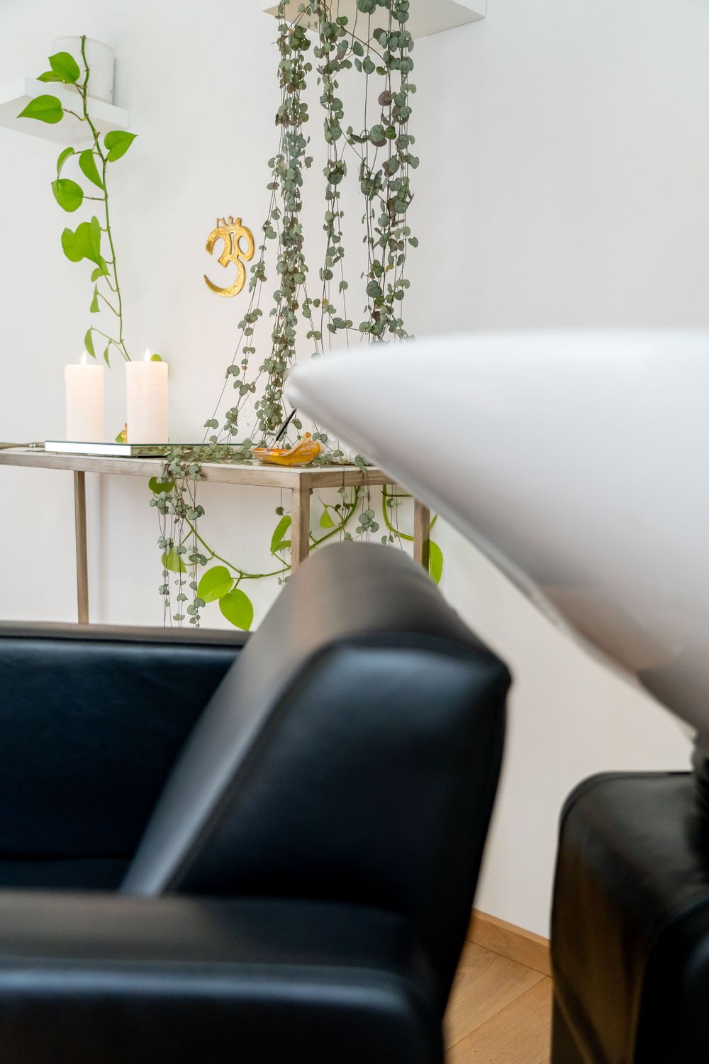 Spa interior with black leather chair, decorative vines and ambient lighting.