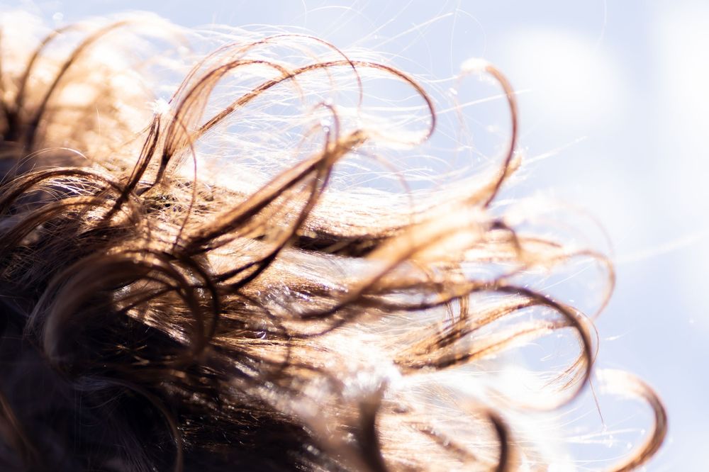 Closeup of hair strands moving in the wind against a bright sky background.