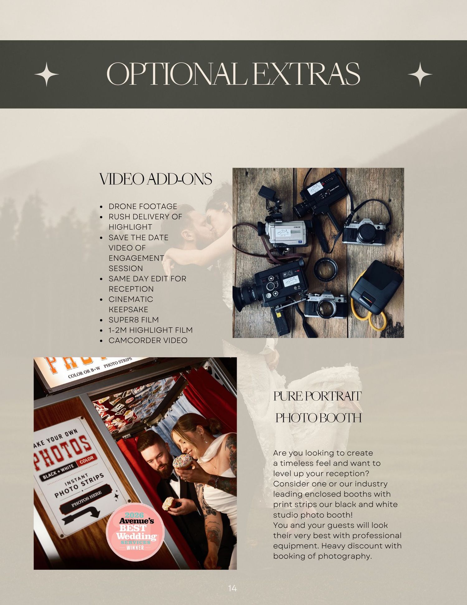 A wedding brochure page showing optional video add-ons and portrait booth services with black and white sample photos.