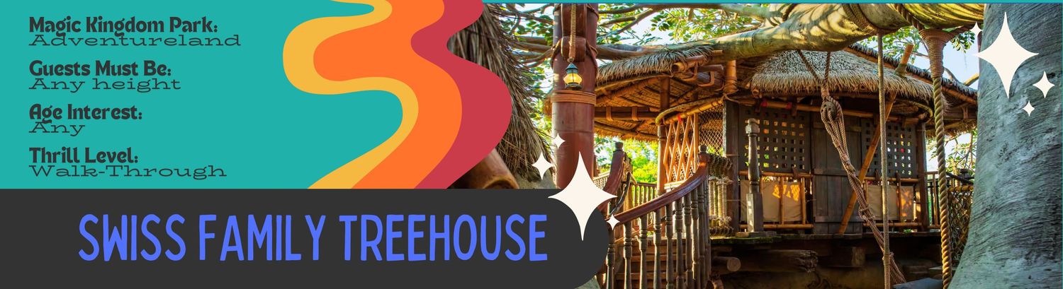 Stylized retro banner design showing a wooden treehouse with swirling orange and red smoke effects against a teal background.