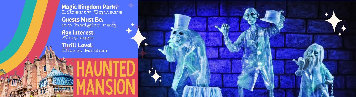 Blue-lit animatronic haunted mansion display with glowing ghostly figures against a rainbow colored background.