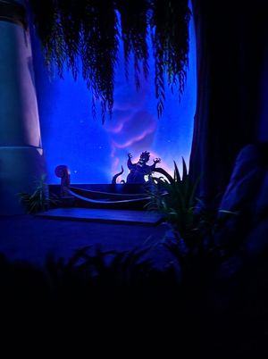 Blue silhouette of a cat sitting in a window against a moonlit night sky with willow tree branches.