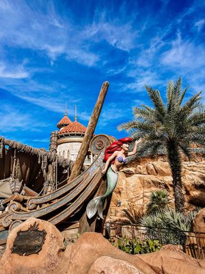 A rustic theme park attraction featuring twisted wooden tracks and palm trees against a vibrant blue sky.