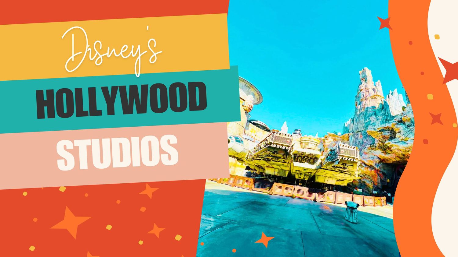 Retro-styled graphic design of Disney's Hollywood Studios logo with a theme park attraction in bright turquoise background.