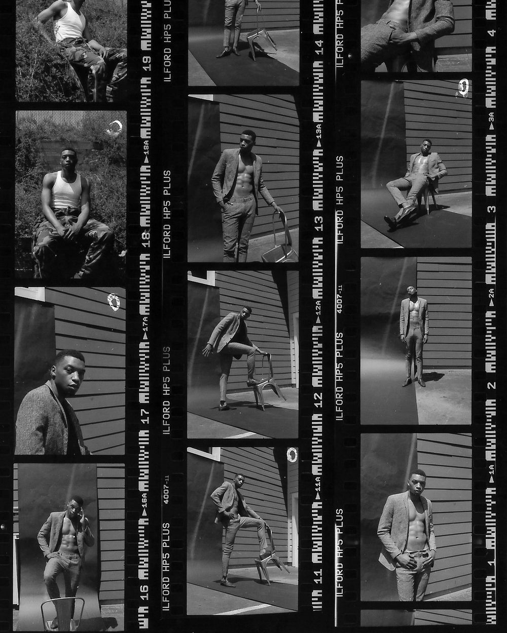 Black and white contact sheet showing multiple fashion poses and outfits.