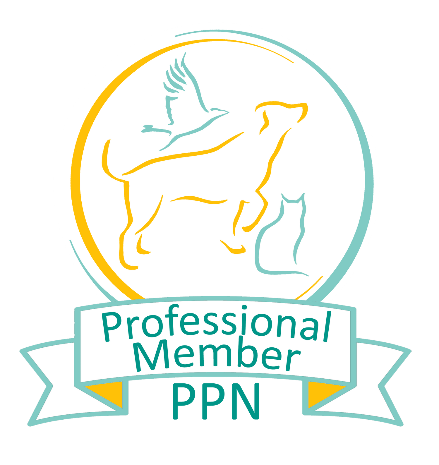 A circular logo with a yellow and teal design featuring a dog silhouette, bird, and text reading 'Professional Member PPN'.