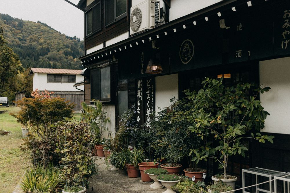 Modern Japanese house with potted plants and traditional architectural elements in a mountain setting.