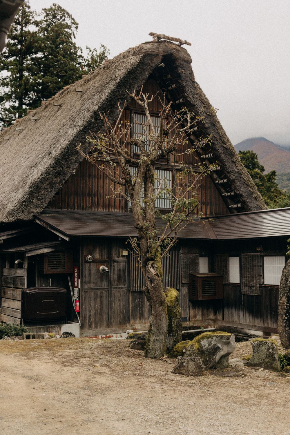 Traditional Japanese gassho-zukuri farmhouse with thatched roof and wooden exterior in a rural mountain setting.