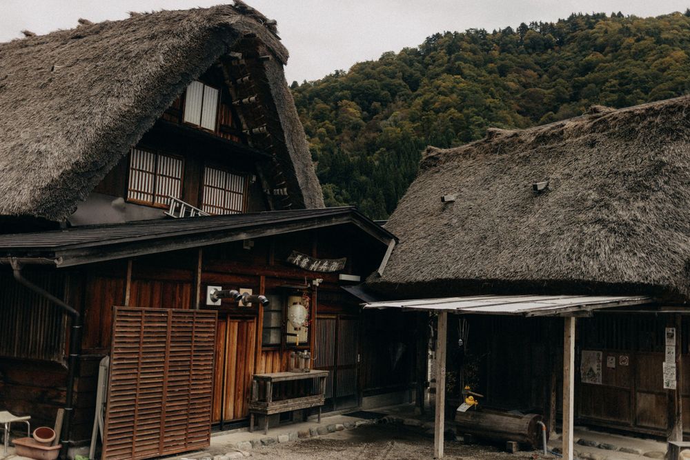 Traditional Japanese gassho-zukuri farmhouse with thatched roof in a mountain village.