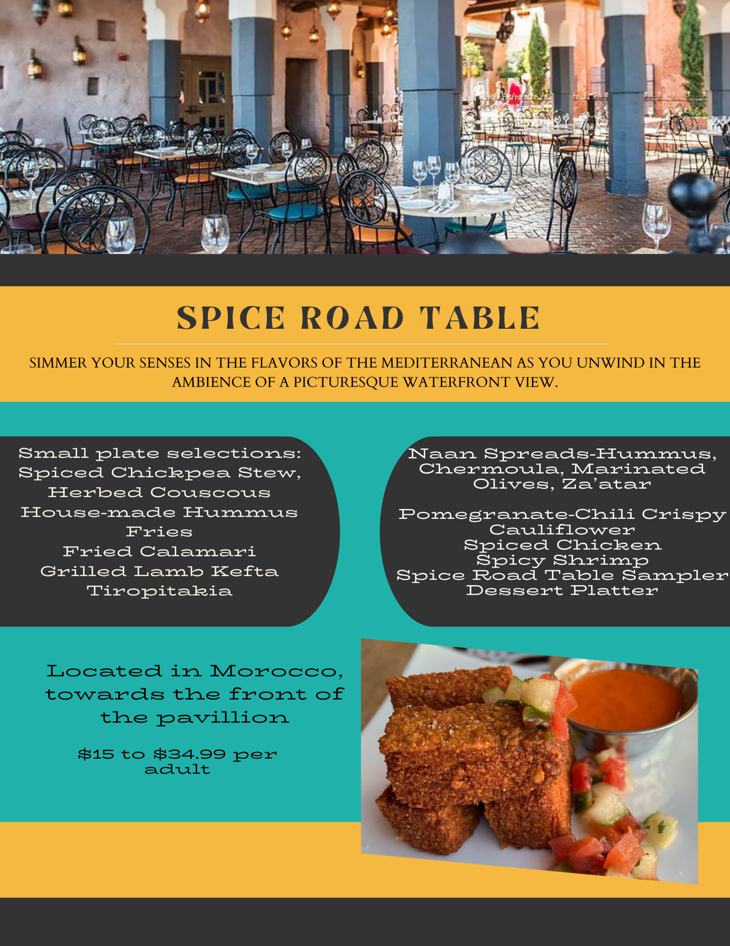 Outdoor restaurant menu showing Mediterranean dishes and spices on display at the Spice Road Table pavilion.