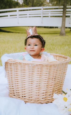 Baby sits in wicker basket with white fence and green lawn in background.