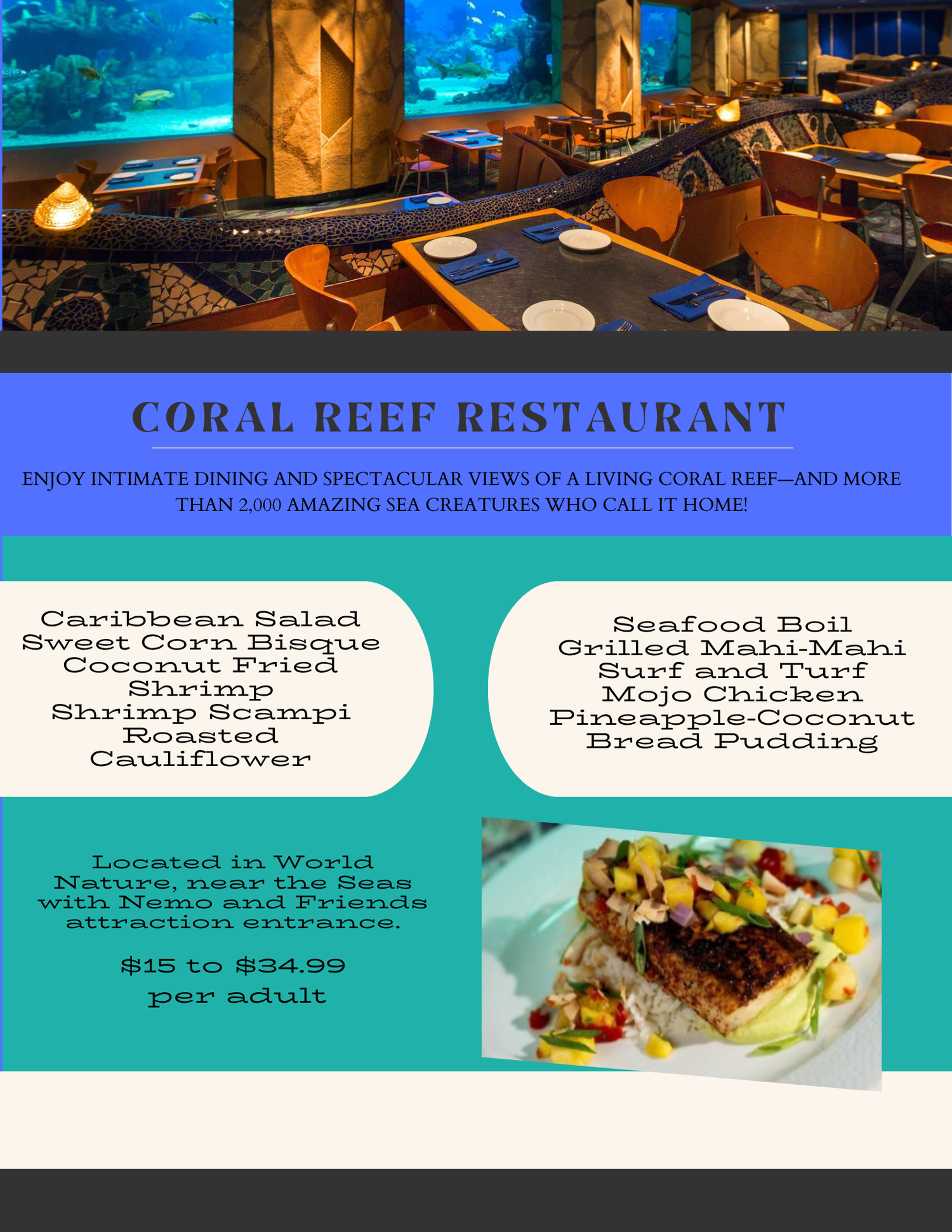 Coral Reef Restaurant menu featuring dining tables overlooking a large aquarium with tropical fish and blue lighting.