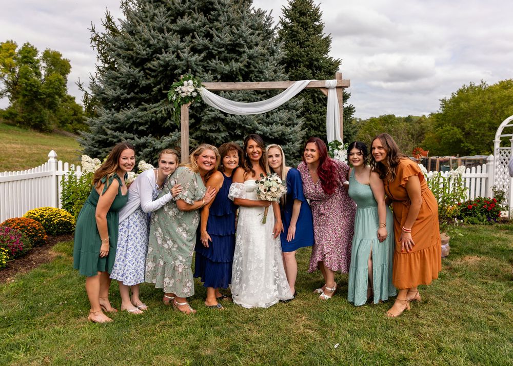 Wedding Reception Girls group at backyard garden wedding in Omaha, Nebraska. - BrightSide Photography