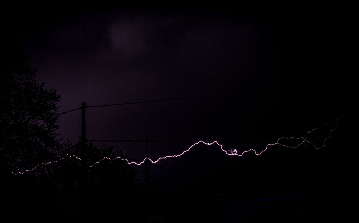 Lightning streaks across a dark purple sky above silhouetted trees and power lines at night.