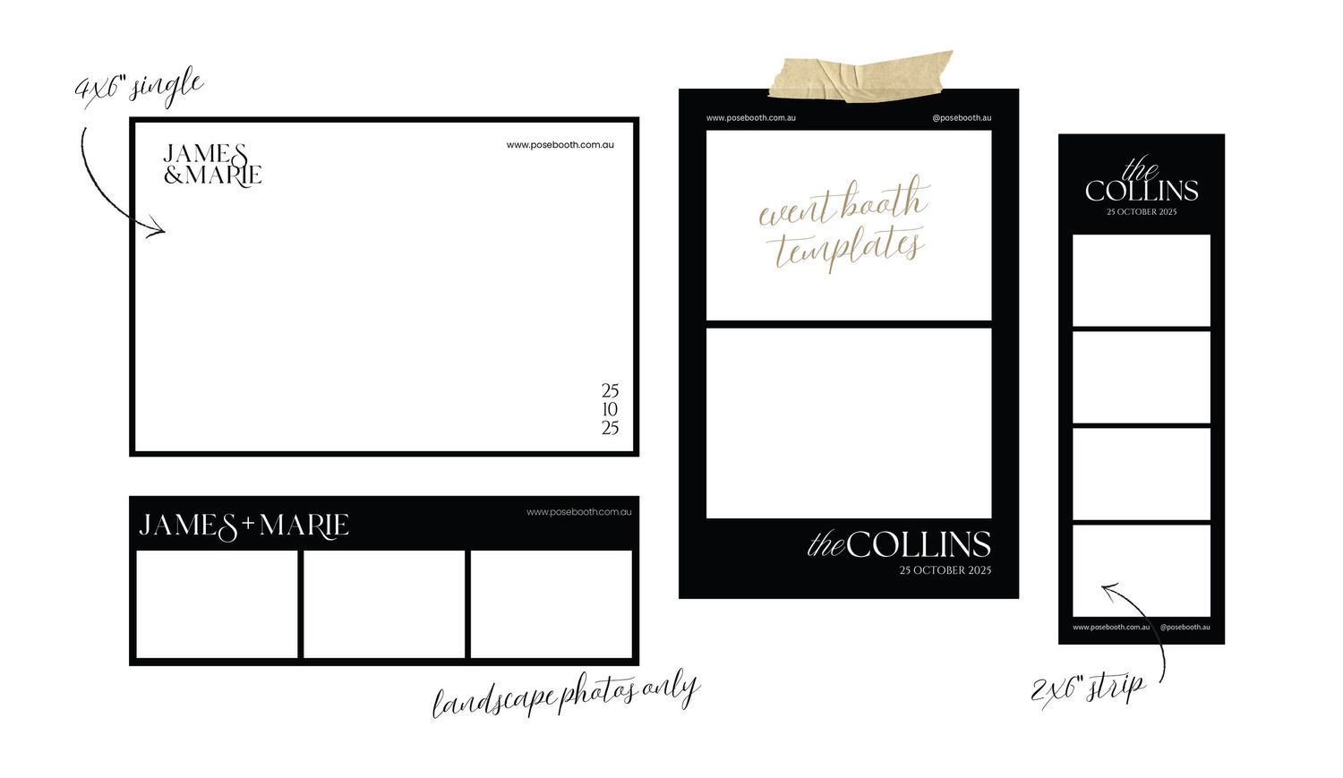 Minimalist black and white photo booth frame templates with empty spaces for images and text.