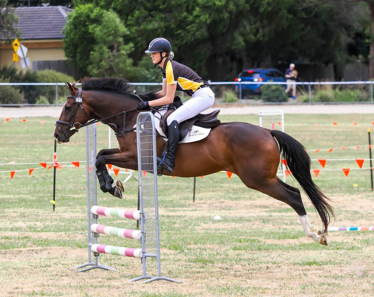 Equestrian rider in yellow jacket jumps bay horse over obstacle during show jumping competition.