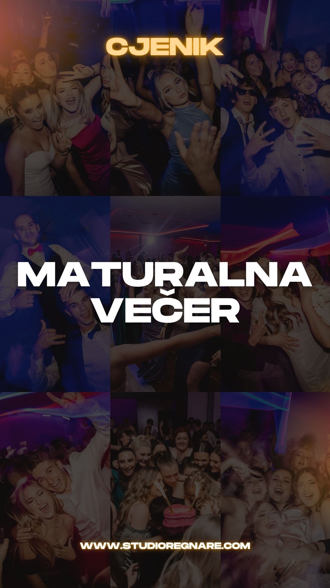 Nightclub event poster with text overlays showing 'Maturalna Vecer' against a dark background with crowd photos.
