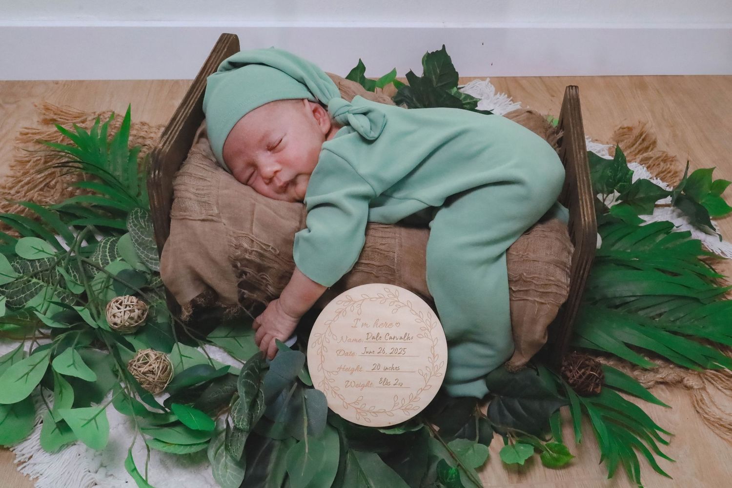 Newborn photography session featuring mint green outfit with rustic wooden backdrop and green foliage accents.