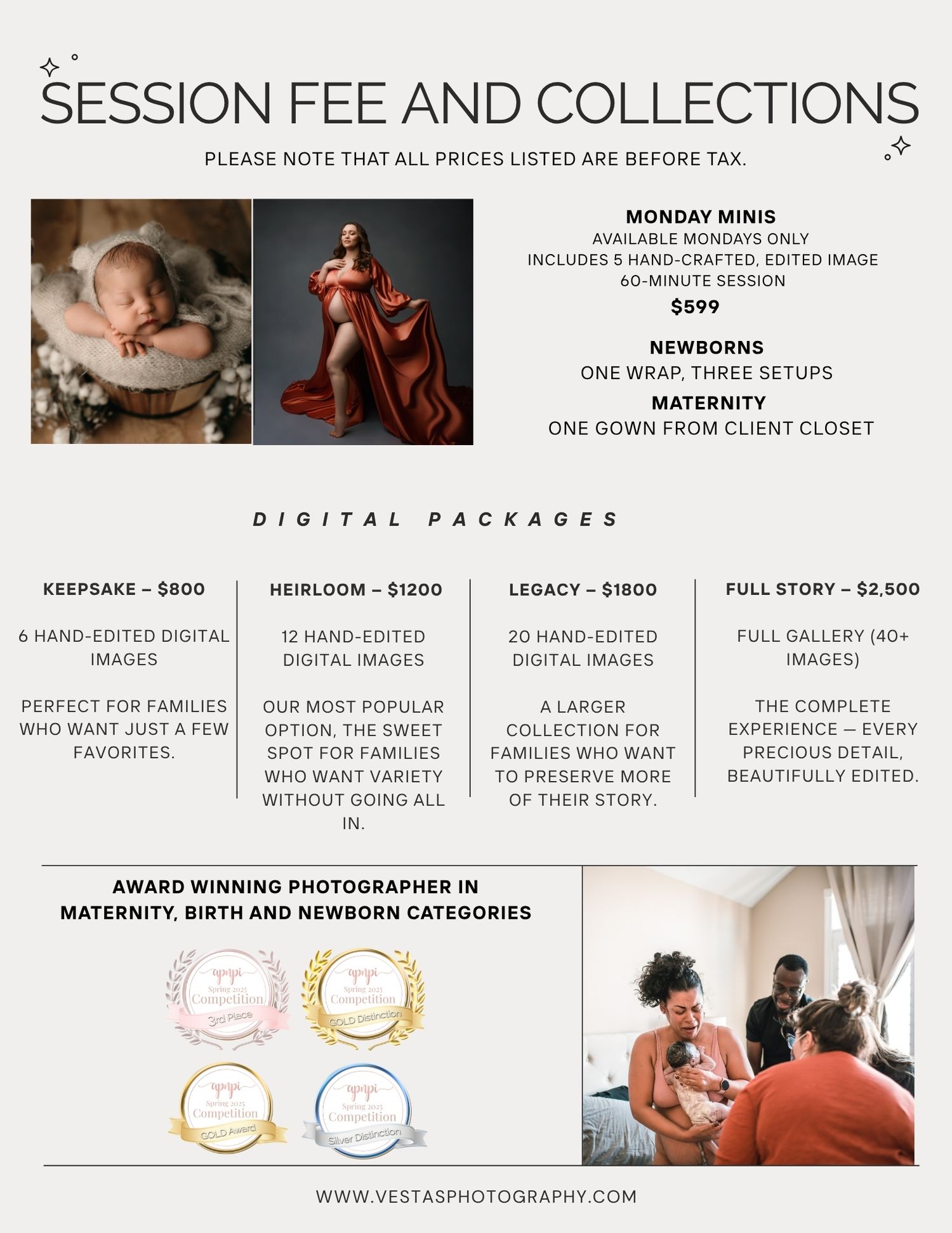 Photography pricing guide showing session fees and digital packages with sample images and pricing tiers displayed in a grid layout.