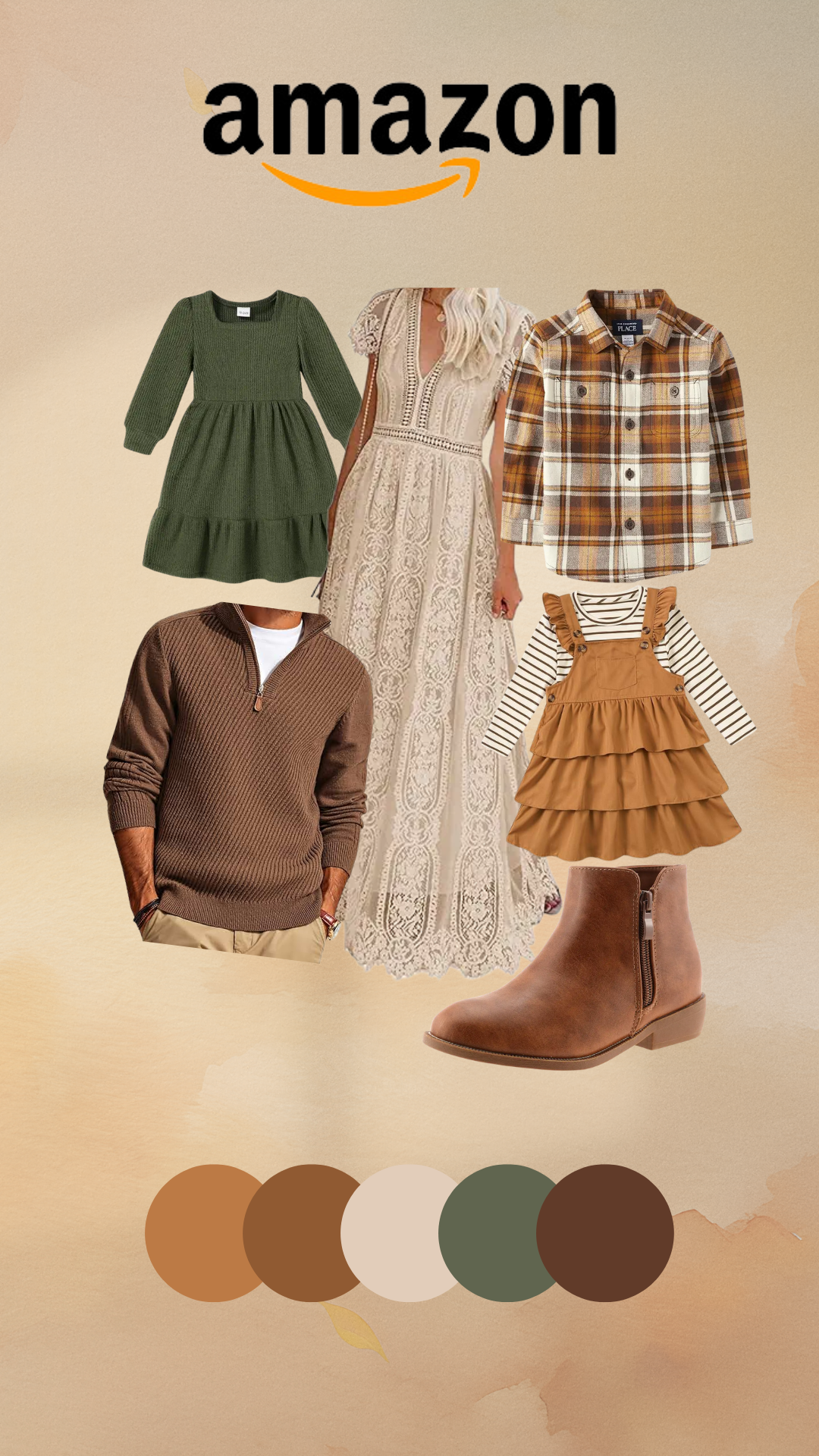 Coordinated fall fashion collection featuring olive green dresses, plaid shirts, brown boots and neutral color palette. family outfits fall