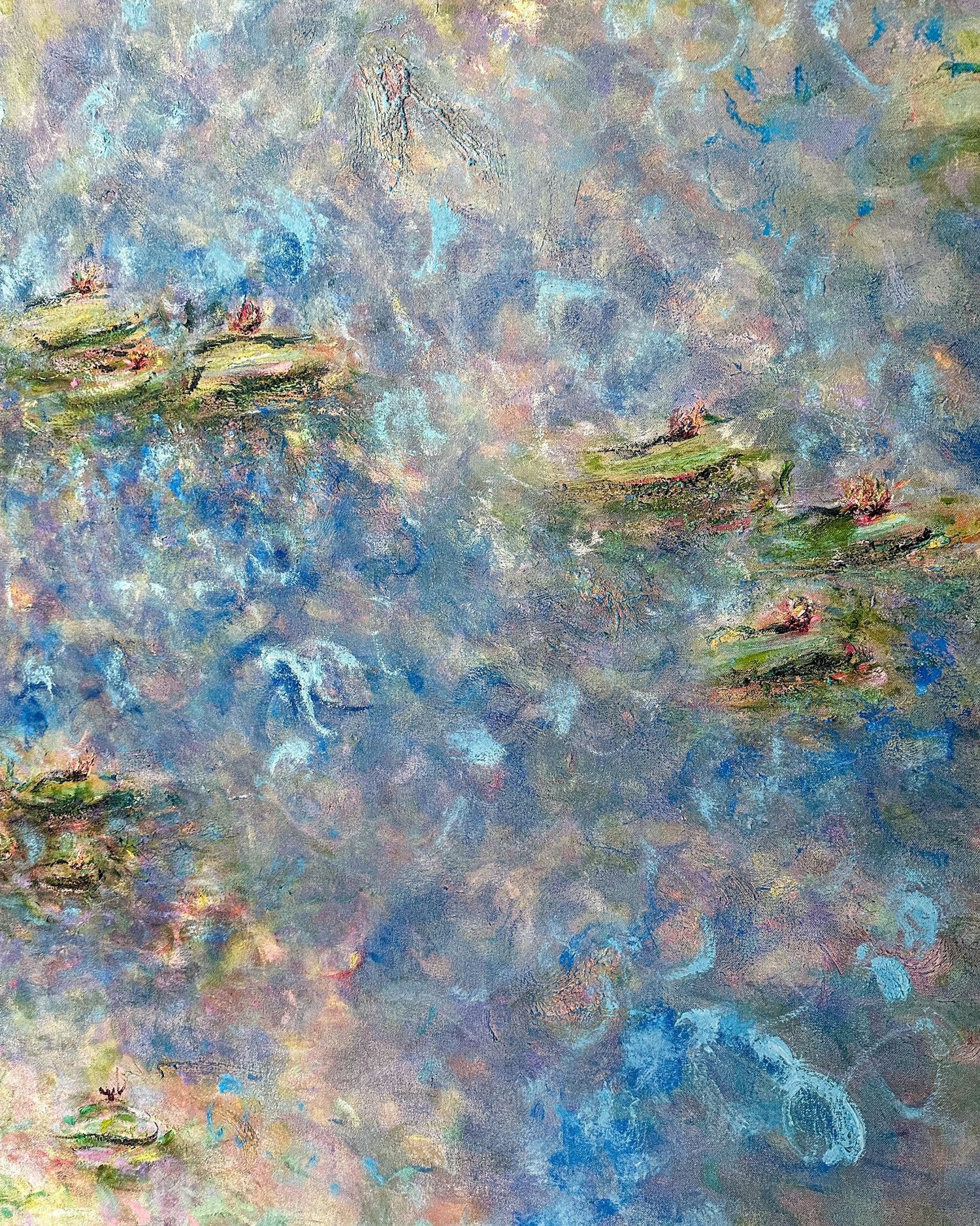 A series of five similar abstract paintings featuring blue and green water lily pads floating on a reflective pond surface.